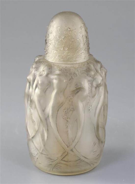 A R. Lalique glass Sirenes perfume burner and original cover, designed c. 1920, model no. 2651 h. 17.5cm